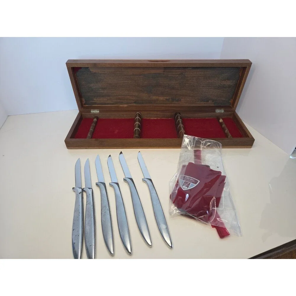 Vintage Gerber Miming Steak Knife Set of 6 - Legendary Blades Walnut Box MCM